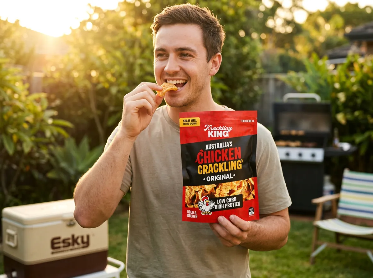 A real fan biting into a piece of Krackling King chicken crackling