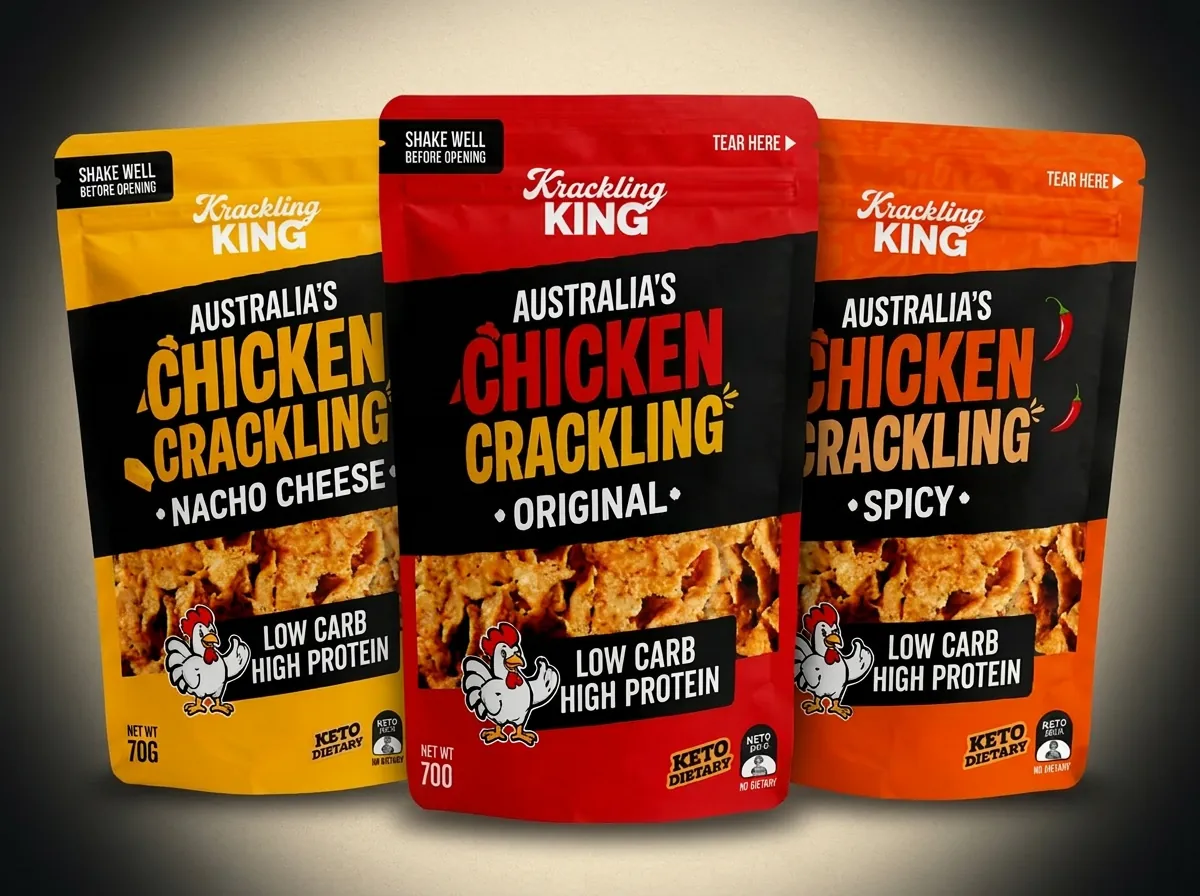Krackling King chicken crackling — Nacho Cheese, Original and Spicy 70g packs